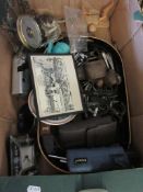 BOX CONTAINING HOUSEHOLD CLEARANCE ITEMS INCLUDING SCISSORS, BAROMETER ETC