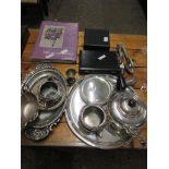 QUANTITY OF MIXED SILVER PLATE INCLUDING SALVER, TEA POT ETC PLUS VICTORIAN STAFFORDSHIRE COLLECTORS