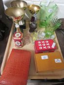 TRAY CONTAINING TROPIES, GLASS WARES, TRINKET BOX ETC