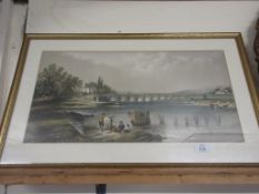 FRAMED PRINT OF A RIVER BRIDGE SCENE, 70CM WIDE