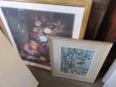 TWO FRAMED PRINTS, ONE OF A STILL LIFE, THE OTHER OF A PARIS SCENE