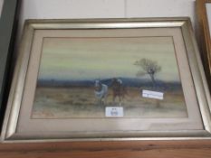 FRAMED WATERCOLOUR OF RURAL HORSE SCENE, SIGNED MOORE TO LOWER LEFT, 43CM WIDE