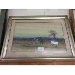 FRAMED WATERCOLOUR OF RURAL HORSE SCENE, SIGNED MOORE TO LOWER LEFT, 43CM WIDE