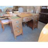 REPRODUCTION LEATHER TOPPED DESK WITH BRASS HANDLES