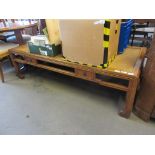 20TH CENTURY CHINESE COFFEE TABLE WITH RUSH WORK TOP AND TWO DRAWERS, 170CM WIDE