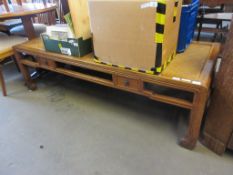 20TH CENTURY CHINESE COFFEE TABLE WITH RUSH WORK TOP AND TWO DRAWERS, 170CM WIDE