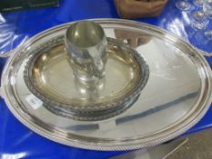GROUP OF THREE SILVER PLATED SERVING DISHES AND ONE MUG