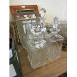 SELECTION OF FOUR VARIOUS DECANTERS, TALLEST 30CM INC STOPPER AND A MINIATURE TEA SET AND PAIR OF