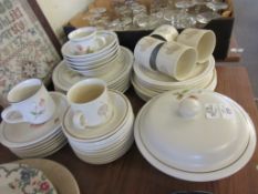 QUANTITY OF DUSTY MEADOW DINNER WARES TOGETHER WITH CHURCHILL EARTHENWARE PLATES AND CUPS AND