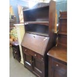STAINED OAK BUREAU AND BOOKSHELF UNIT WITH BRASS HANDLES, 76CM WIDE