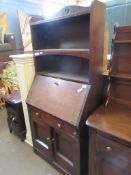 STAINED OAK BUREAU AND BOOKSHELF UNIT WITH BRASS HANDLES, 76CM WIDE