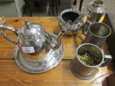 QUANTITY OF SILVER PLATED AND PEWTER WARES INCLUDING TEA POT ETC