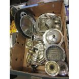 BOX OF BRASS AND SILVER PLATED WARES, CANDLESTICK HOLDERS ETC