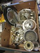 BOX OF BRASS AND SILVER PLATED WARES, CANDLESTICK HOLDERS ETC