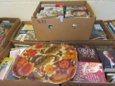 FIVE BOXES OF MIXED BOOKS INCLUDING COOKERY BOOKS ETC