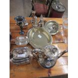 GROUP OF SILVER PLATED WARES INCLUDING SALT AND PEPPER, TEA POT ETC