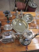 GROUP OF SILVER PLATED WARES INCLUDING SALT AND PEPPER, TEA POT ETC