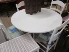 WHITE PAINTED EFFECT CIRCULAR TABLE AND CHAIRS, THE TABLE APPROX 90CM DIAM