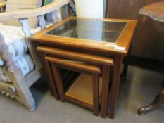 MODERN NEST OF THREE COFFEE TABLES WITH BRASS DETAILED EDGE, LARGEST 51CM HIGH