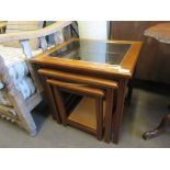 MODERN NEST OF THREE COFFEE TABLES WITH BRASS DETAILED EDGE, LARGEST 51CM HIGH