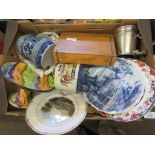 TRAY CONTAINING MIXED CERAMICS AND SMALL WOODEN BOX CONTAINING SILVER PLATED SPOONS