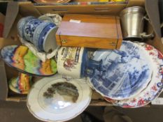 TRAY CONTAINING MIXED CERAMICS AND SMALL WOODEN BOX CONTAINING SILVER PLATED SPOONS