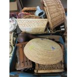 TWO BOXES OF WICKERWORK BASKETS AND WOODEN TRINKET BOXES ETC