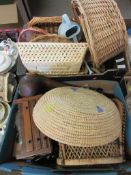 TWO BOXES OF WICKERWORK BASKETS AND WOODEN TRINKET BOXES ETC