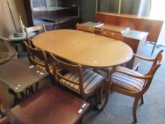 REPRODUCTION MODERN DINING TABLE AND CHAIRS ON CLAW FEET WITH FOUR CHAIRS AND ONE CARVER, 153CM