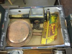 BOX CONTAINING BRASS COPPER PAN, 20TH CENTURY BRASS LAMP AND AN ENAMEL SWAN VESTA SIGN