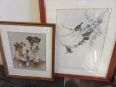 FRAMED PICTURE OF BIRDS TOGETHER WITH A FRAMED PICTURE OF TWO WIRE HAIRED TERRIERS