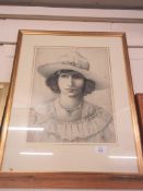 FRAMED PRINT SIGNED MOX TO LOWER RIGHT, OF A LADY, 43CM WIDE
