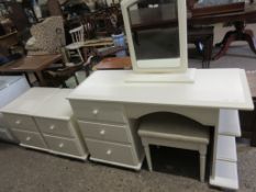 PAINTED EFFECT BEDROM SUITE COMPRISING DRESSING TABLE, STOOL AND MIRORR, TOGETHER WITH TWO BEDSIDE