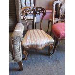 VICTORIAN MAHOGANY CHAIR, ARCHED BACK WITH CARVED FRIEZE BELOW, RAISED ON SWEPT UPRIGHTS TERMINATING