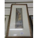FRAMED WATERCOLOUR BY M COX DATED 1926 OF A STREET SCENE, 29CM WIDE