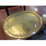 BRASS TRAY WITH ENGRAVED TRIBAL DESIGN AND FLORAL BORDER
