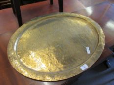 BRASS TRAY WITH ENGRAVED TRIBAL DESIGN AND FLORAL BORDER