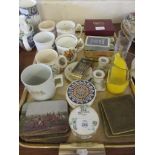 COLLECTION OF CERAMICS COMPRISING COMMEMORATIVE MUGS TOGETHER WITH COASTERS, BOXES OF PLAYING