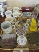 COLLECTION OF CERAMICS COMPRISING COMMEMORATIVE MUGS TOGETHER WITH COASTERS, BOXES OF PLAYING