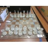 FROSTED GLASS CHESS BOARD AND CHESS PIECES
