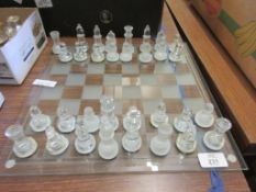 FROSTED GLASS CHESS BOARD AND CHESS PIECES