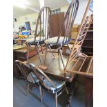 20TH CENTURY EXTENDING TABLE, 115CM WIDE, TOGETHER WITH FOUR ERCOL STYLE DARK WOOD STAINED CHAIRS