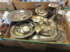 TRAY CONTAINING SILVER PLATED WARES INCLUDING TEA POT, SERVING DISHES ETC