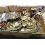 TRAY CONTAINING SILVER PLATED WARES INCLUDING TEA POT, SERVING DISHES ETC