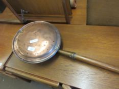 WOODEN HANDLED BRASS COPPER PAN, 123CM WIDE