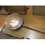 WOODEN HANDLED BRASS COPPER PAN, 123CM WIDE