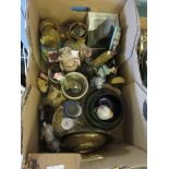 BOX OF VARIOUS ORNAMENTS AND METAL WARE ETC