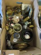 BOX OF VARIOUS ORNAMENTS AND METAL WARE ETC