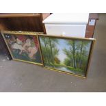 WOODLAND SCENE PICTURE, FRAMED, SIGNED L STEVEN TOGETHER WITH A FRAMED TAPESTRY PICTURE