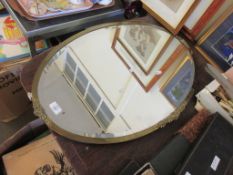 GLASS BEVELLED WALL MIRROR WITH BRASS FRAME, 78CM WIDE